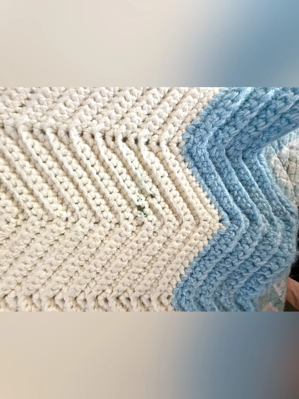 Large Vintage Hand Made Crochet Blue & White Throw Chevron Stripe Afghan